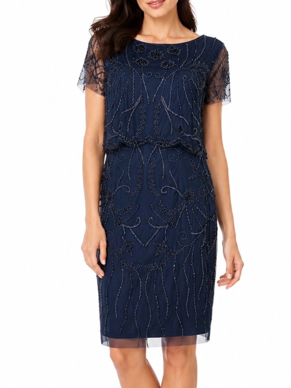 Adrianna Papell - Beaded Scalloped‎ Overlay Cocktail Dress